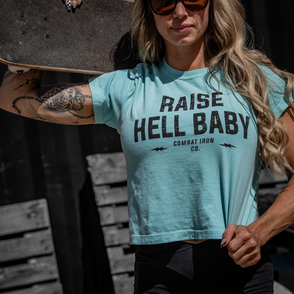Crovyie cheap jerseys Ordering Raise Hell Baby Women's Crop T-Shirt