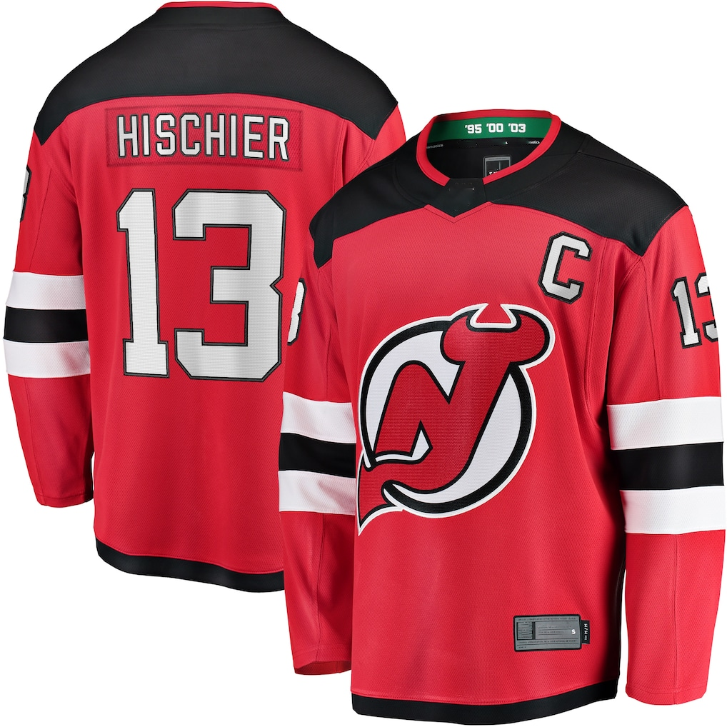 Crovyle N.Jersey Devils #13 Nico Hischier Red Captain Patch Home Breakaway Jerseys