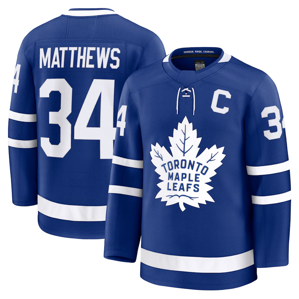 Crovyle T.Maple Leafs #34 Auston Matthews Blue Captain Patch Home Premium Jerseys